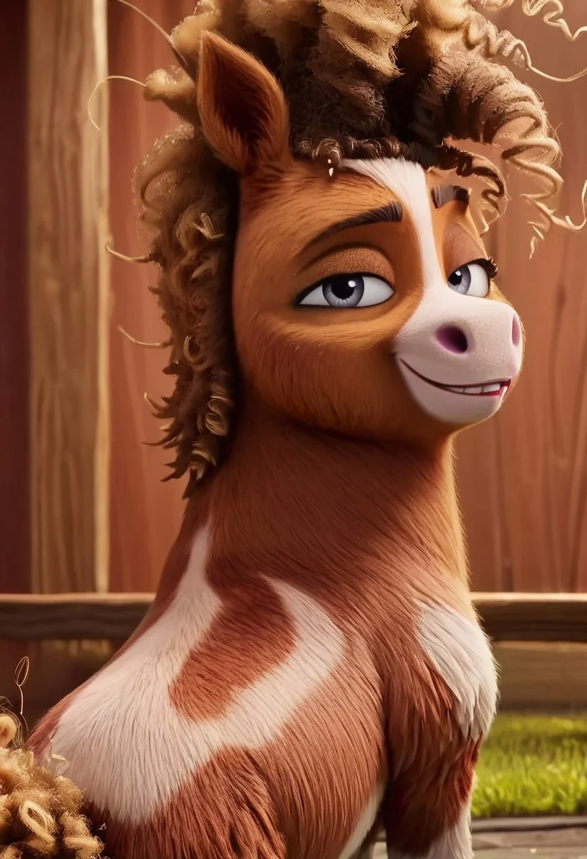 thelma pony, 1girl, small pony, short body, female pony, grey eyes, two-toned fur, brown and white fur, white line of fur in middle of face, brown hair, curly hair, brown tail, curly tail, feral, score_8_up, score_7_up, BREAK, 1girl, solo, looking at viewer, cute, smiling, smug, from behind, ass focus, looking back, female focus, looking at viewer, detailed background, 4k, masterpiece, best quality, highly detailed, 3d, realistic, closeup,,