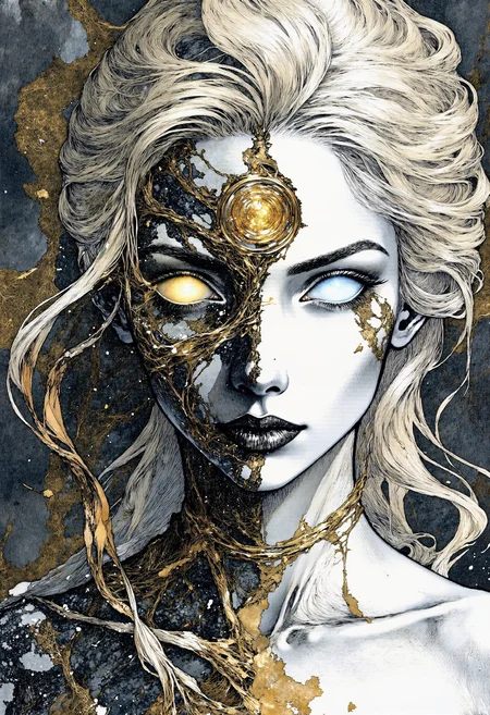 fg, A portrait of Hel, the ruler of Helheim. Her marvelous wild mane covers part of her beautiful face and bare chest. Both eyeballs are completely blank and featureless, devoid of pupils and irises, and extend across the entire eye region, blending seamlessly into the surrounding facial area, while the eyes remain fully open. The face is divided into two halves. The left side shows signs of decay and decomposition, with lifeless dark-coal skin, hard bones are visible under the torn skin, shreds of golden ash detached from her skin. Her left eyeball is completely golden. The right half of the face is of unearthly beauty, with immaculate, flawless white skin. Her right eyeball is completely snow-white. The transition between the two halves of the face is fluid and unobtrusive, symbolizing the brief moment between life and death. The picture showcases a surreal and abstract style, created using pencil and ink, characterized by a monochromatic scheme with predominant shades of black, white, and gray, which has been digitally enhanced.