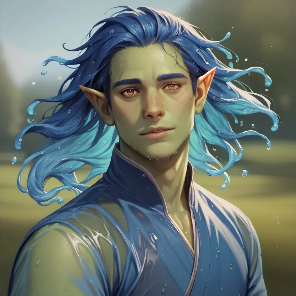 (((detailed, beautiful, high quality))), upper Body, score_9, score_8_up, score_7_up,
watergenasi, pointed ears, floating hair, liquid hair, wet clothes, wet body,
1 male, green skin, blue hair, blue kimono,
looking at the viewer, posing, blurred background, blurred fantasy background,