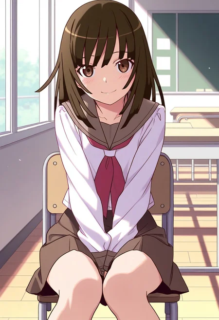 <lora:illustrious_XL_nadeko:0.9>,nadeko,masterpiece,best quality,good quality,1girl,solo,long hair,long bangs,school_uniform,sailor,day,indoor,classroom,v_arms,sitting_on_chair,smile,light_blush,