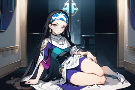 highly insanely detailed, masterpiece, top quality, best quality, highres, 4k, 8k, RAW photo, (very aesthetic, beautiful and aesthetic),  
beth_\(megami_tensei\),bethsmtii,shin megami tensei ii,long hair,black hair,straight hair,sleek black,jewelry,cross,headband,red_lipstick,messian_cross_earrings,cross_earrings,religious_earrings,messian_symbol_jewelry,bandana_with_messian_symbol,Religious_bandana,symbol_headband,messian_church_bandana,katana,sword, 
<lora:zs_Beth:0.7>, 
(1girl:1.3), 1other, 
Recliner,sitting,hand on own chin,lying,gold,gemstone,gemtech,blue gemstone,blue marble,pearl \(gemstone\),glowing gem,âââ