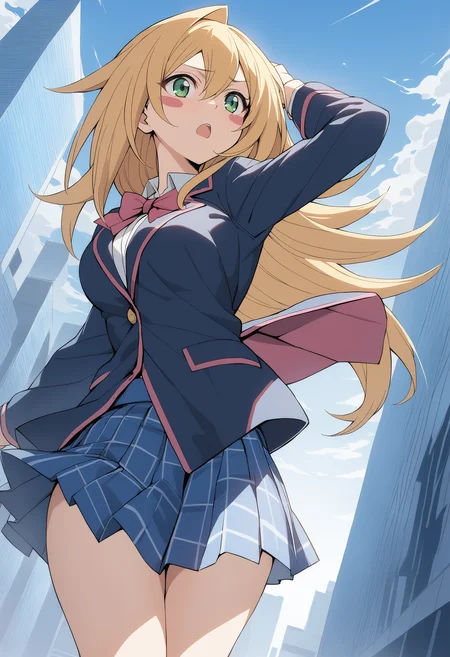 1girl, <lora:blamagiXLv1:0.7>,blamagi,blonde hair, green eyes, long hair, medium breasts,blush stickers,
blazer, jacket, loafers, pleated skirt, ribbon, school uniform, skirt, sweater,
dutch angle, cowboy shot, looking ahead, serious, skyscraper, open mouth,
masterpiece, best quality,