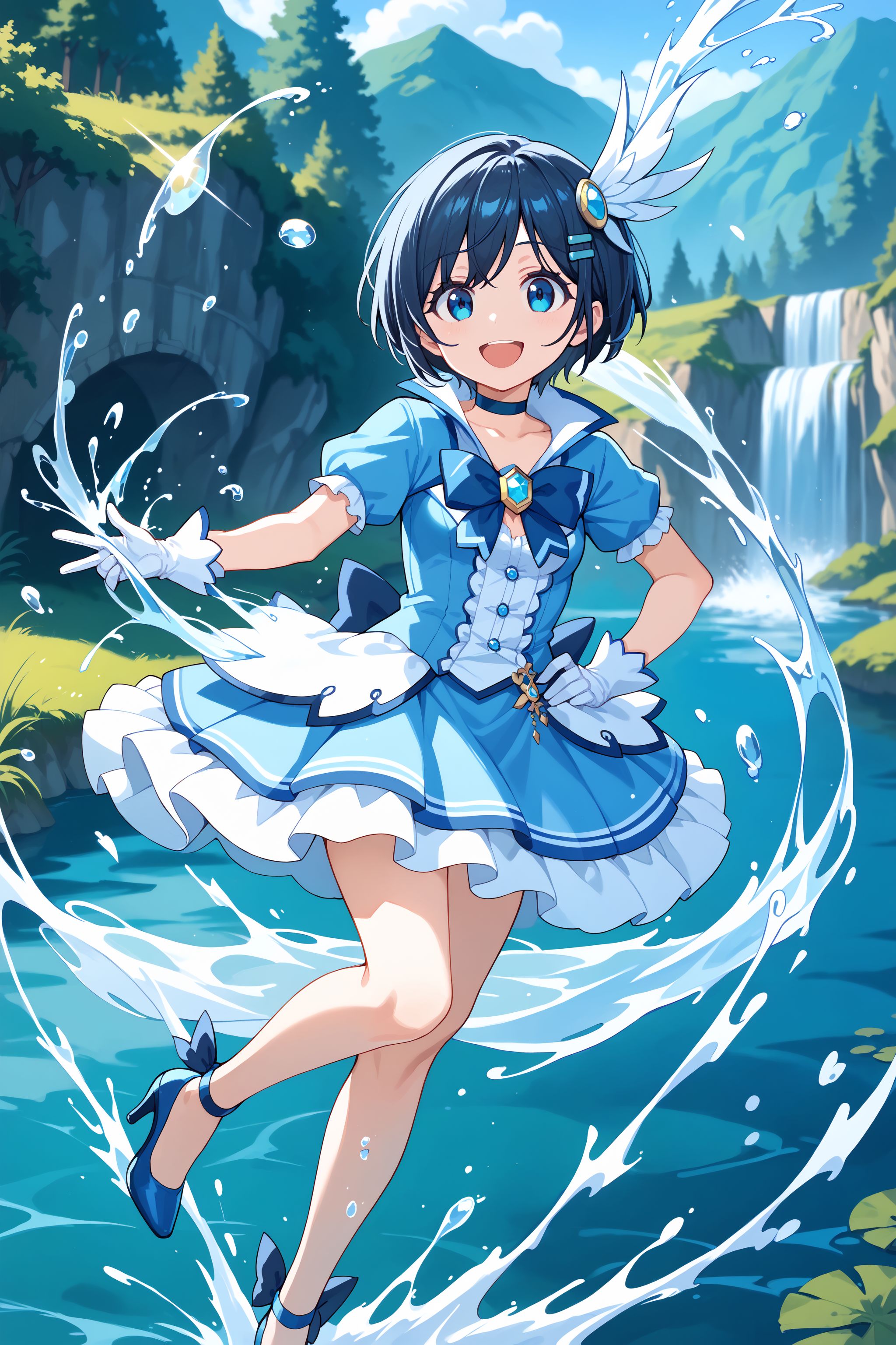 score_max, (score_9, score_8_up, score_7_up:1.0), score_6_up, official art,
masterpiece, absurdres, high detail, 8k,
river, riverbank, water, splashing,
standing, arm up, hand on hip, smile, open mouth, hydrokinesis,
solo, kaorin, magica2019, wing hair ornament, hairclip, choker, blue dress, blue bowtie, gem, short sleeves, white gloves, plated skirt, frills, blue skirt, blue footwear, high heels
<lora:XL_Pony_MGCM-kaori-t1:1>