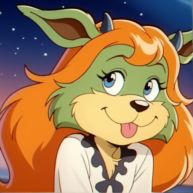 score_9, score_8_up, score_7_up, 1girl, solo, official screencap, amb1, smile, tongue out, furry, long hair, blue eyes, orange hair, animal ears, horns, two-tone fur, style parody, traditional media, retro artstyle, <lora:amb1>,