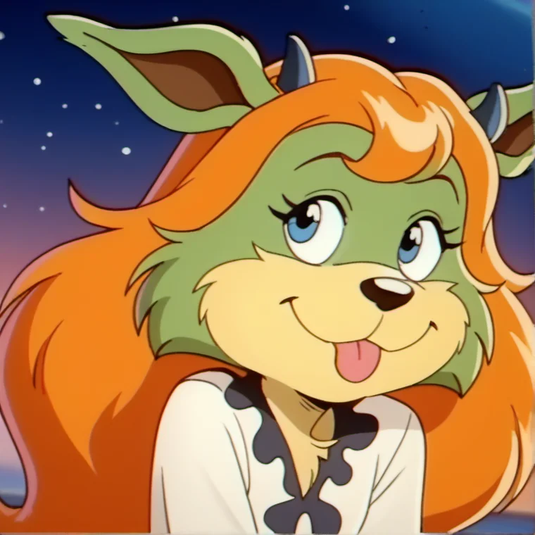 score_9, score_8_up, score_7_up, 1girl, solo, official screencap, amb1, smile, tongue out, furry, long hair, blue eyes, orange hair, animal ears, horns, two-tone fur, style parody, traditional media, retro artstyle, <lora:amb1>,