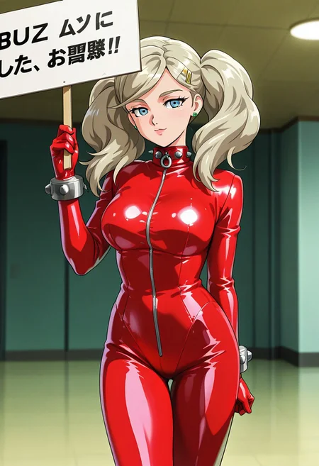 Ann takamaki, red latex catsuit, (holding a sign that says "buzz for mementos":1.5) , retro, retro_artstyle