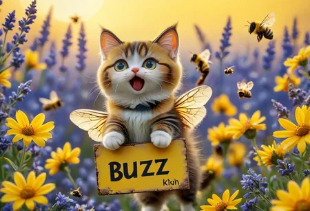 photorealistic 
a flying kitten with a sign around their neck, flying cat, cat bee hybrid, bumble bee fur, ((kitten has yellow and black striped fur)), (((bee wings))), blue eyes, (((Sign hanging around neck that says "Buzz Buzz"))), kitten is flying over a flower field with vibrant colors
1cat
highly detailed, aesthetic, great lighting, extremely detailed, award winning, perfect composition, a rich and complex image of nature, a vibrant tissue of hues and textures captured digitally, best quality, realistic, captivating, intricately detailed, hyper detailed, maximalist style, photorealist, sharp focus, dynamic lighting, superb composition, finest details, highest aesthetics, best quality, sharp focus, high contrast, stylized, clear, colorful, ultra quality, 8k, best quality, masterpiece,midjourneyv6.1
AP, no humans, animal focus, cat ,looking at viewer, animal,whiskers