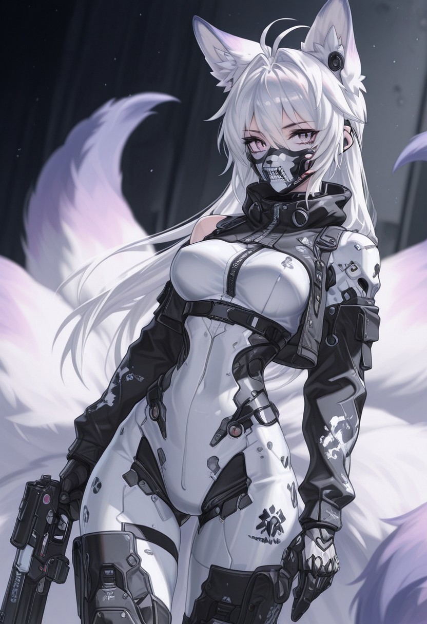 Anime 3D cyber warrior japan girl, masterpiece, best quality, good quality, very aesthetic, absurdres, newest, 8K, depth of field, focused subject, dynamic angle, in the style of ckgr, 1girl, android, black and white camouflage mask is open, skull gloves, holding a futuristic gun, anime
white hair, long hair, animal ears, fox ears, tail, multiple tails