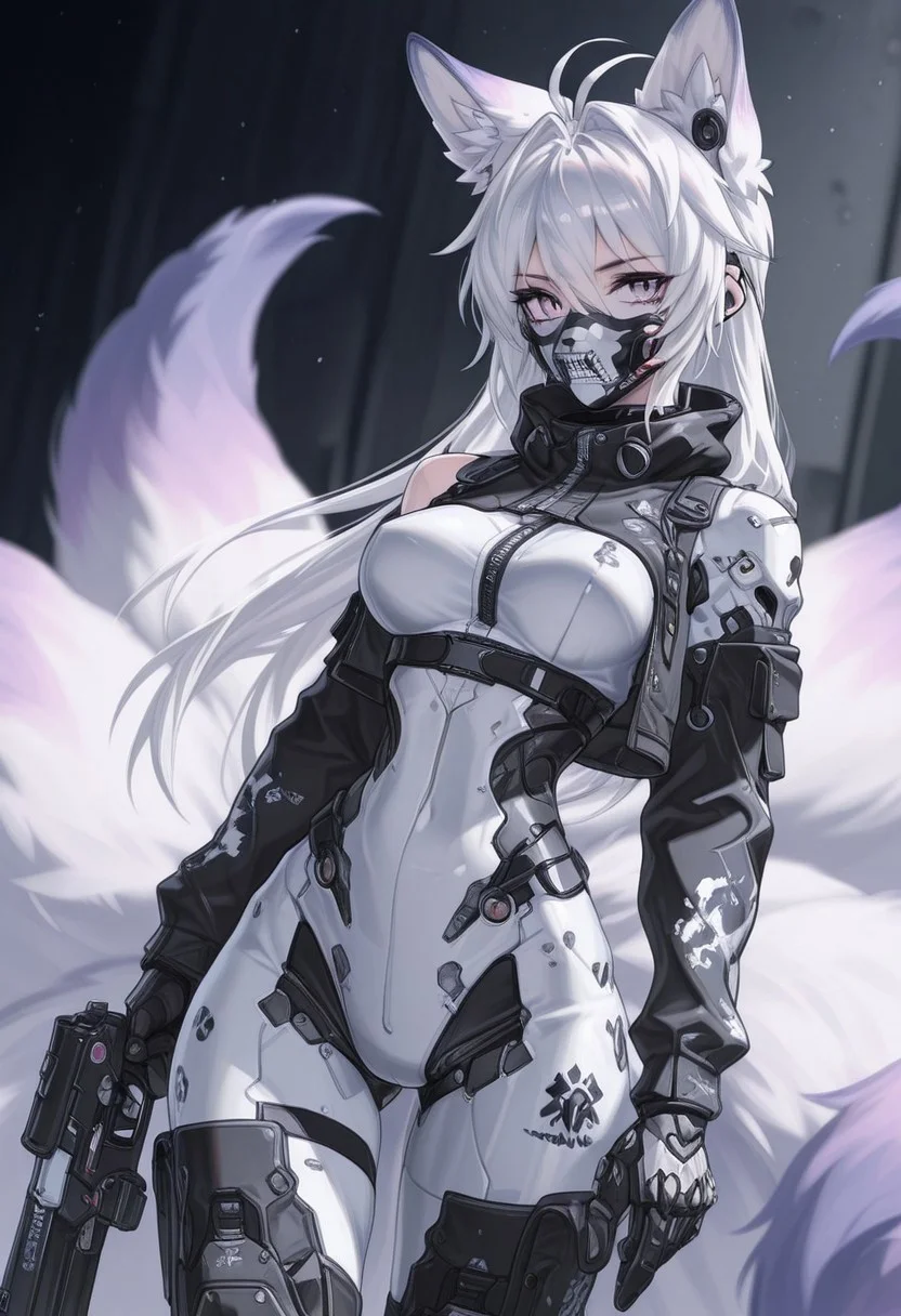 Anime 3D cyber warrior japan girl, masterpiece, best quality, good quality, very aesthetic, absurdres, newest, 8K, depth of field, focused subject, dynamic angle, in the style of ckgr, 1girl, android, black and white camouflage mask is open, skull gloves, holding a futuristic gun, anime
white hair, long hair, animal ears, fox ears, tail, multiple tails