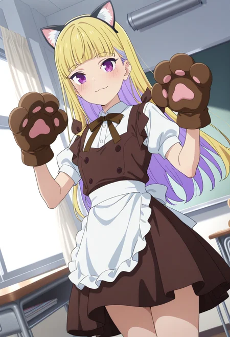 masterpiece,best quality,absurdres,perfect lighting,classroom,
*//*,<lora:HealerGirl_ReimiItsushiro-Illustrious:1>,reimi_itsushiro,1girl,solo,blonde hair,long hair,colored inner hair,purple eyes,blunt bangs,brown dress,puffy sleeves,white shirt,puffy short sleeves,brown bow,waist apron,fake animal ears,cat ears,paw gloves,brown gloves,
*//*,looking at viewer,cowboy shot,dutch angle,dynamic pose,light smile,