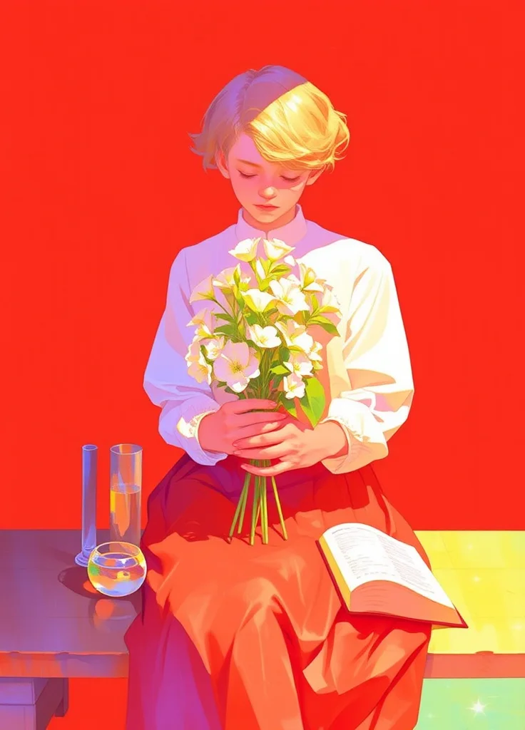 The image is an illustration of a young girl with blonde hair, wearing a white blouse and a red skirt. She is sitting on a wooden bench with a red background. The girl is holding a bouquet of white flowers in her hands and is looking off to the side with a peaceful expression on her face. On the bench, there are two glass vases, a book, and a cup of tea. The overall mood of the image is romantic and dreamy.
a digital semi-realistic style image.
it is a vibrant, dreamy, whimsical and clear masterpiece full of details and high quality creating a serene and peaceful scene with ethereal light.