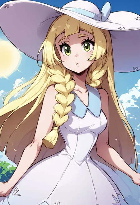 score_9, score_8_up, score_8, medium breasts, (curvy), cute, eyelashes,       zzlillie, long hair, braid, sun hat, white headwear, collarbone, sleeveless dress, white dress,, zPDXL,