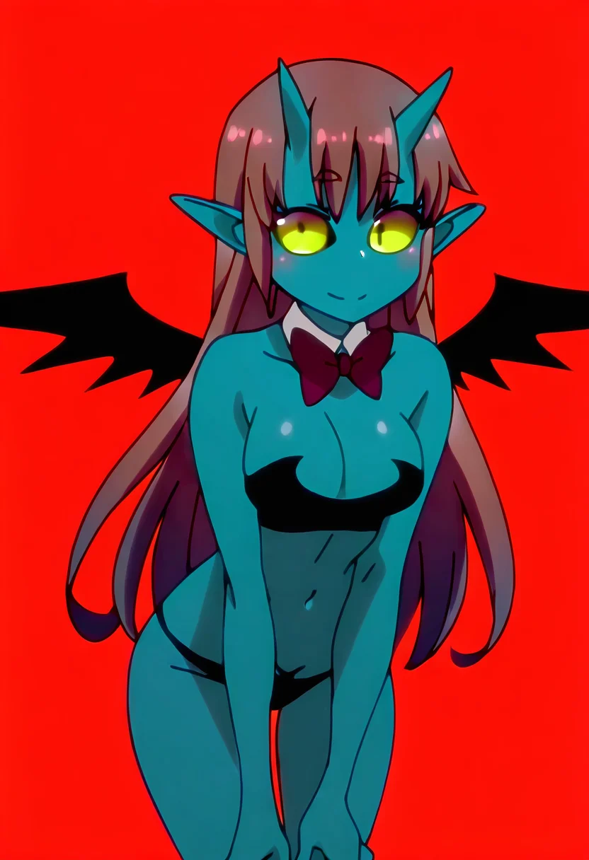 (masterpiece, best quality, good quality, very aesthetic, absurdres, newest:1.2), 1girl, solo, eyelashes, (beautiful eyes), medium breasts, narrow waist, leaning forward, 1girl, solo, long hair, bow, navel, yellow eyes, red hair, wings, horns, pointy ears, midriff, bowtie, detached collar, colored skin, demon girl, colored sclera, demon wings, oni, blue skin, black sclera ,smile, looking at viewer, <lora:IshuzokuReviewersNAI:1.0>,