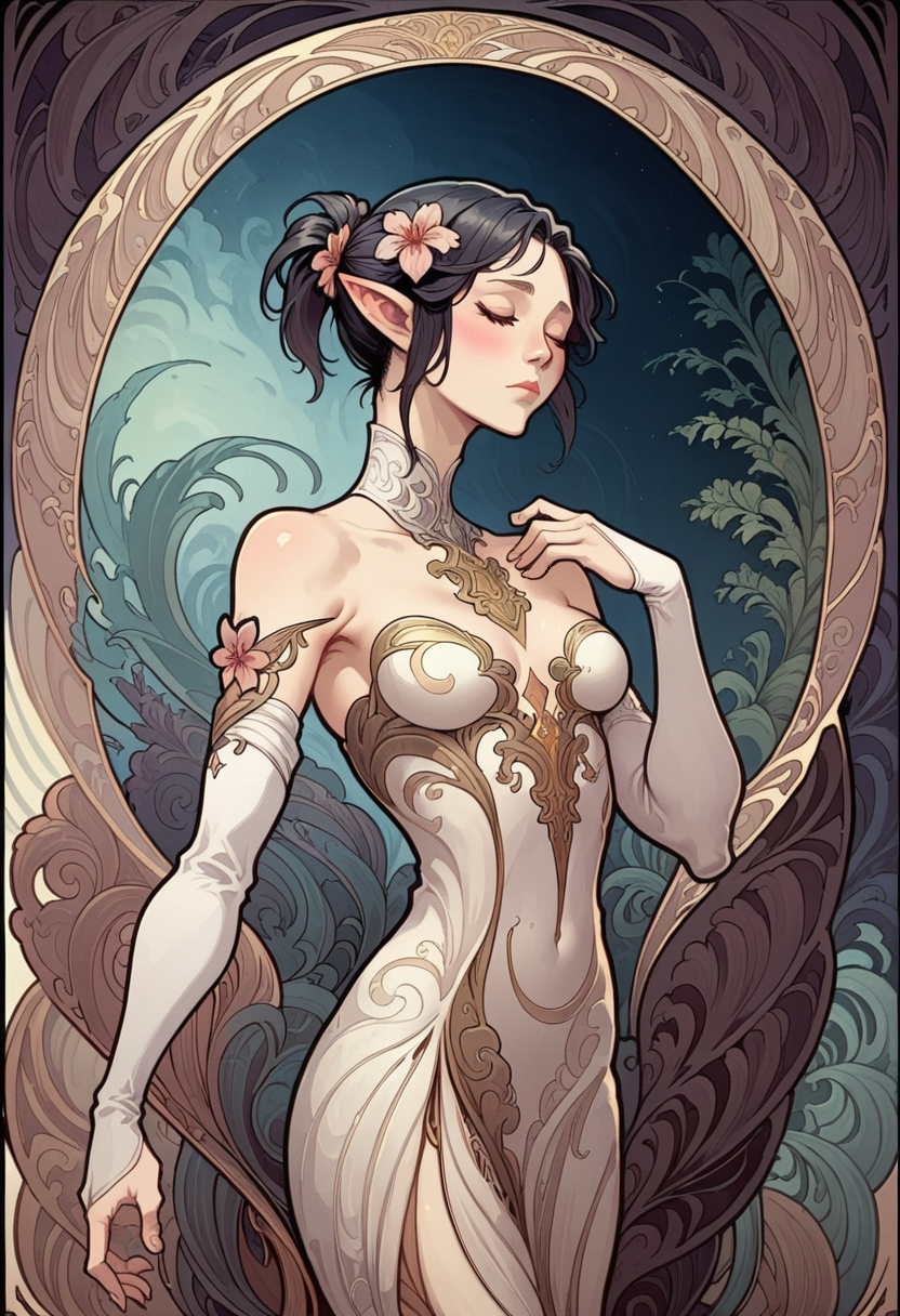 score_9, score_8_up, score_7_up, 1girl, solo, SulfS-S3B1LL3,
pointy ears, black hair, short hair, low ponytail, brown eyes,
skinny, tall,
long white dress, white elbow gloves, eyes closed, hand in hair, flower in hair,
<lora:Sebille_Kaleran_Divinity_Original_Sin_2-000003:0.7> <lora:NoveauStyle:1> Art Noveau, noveau,