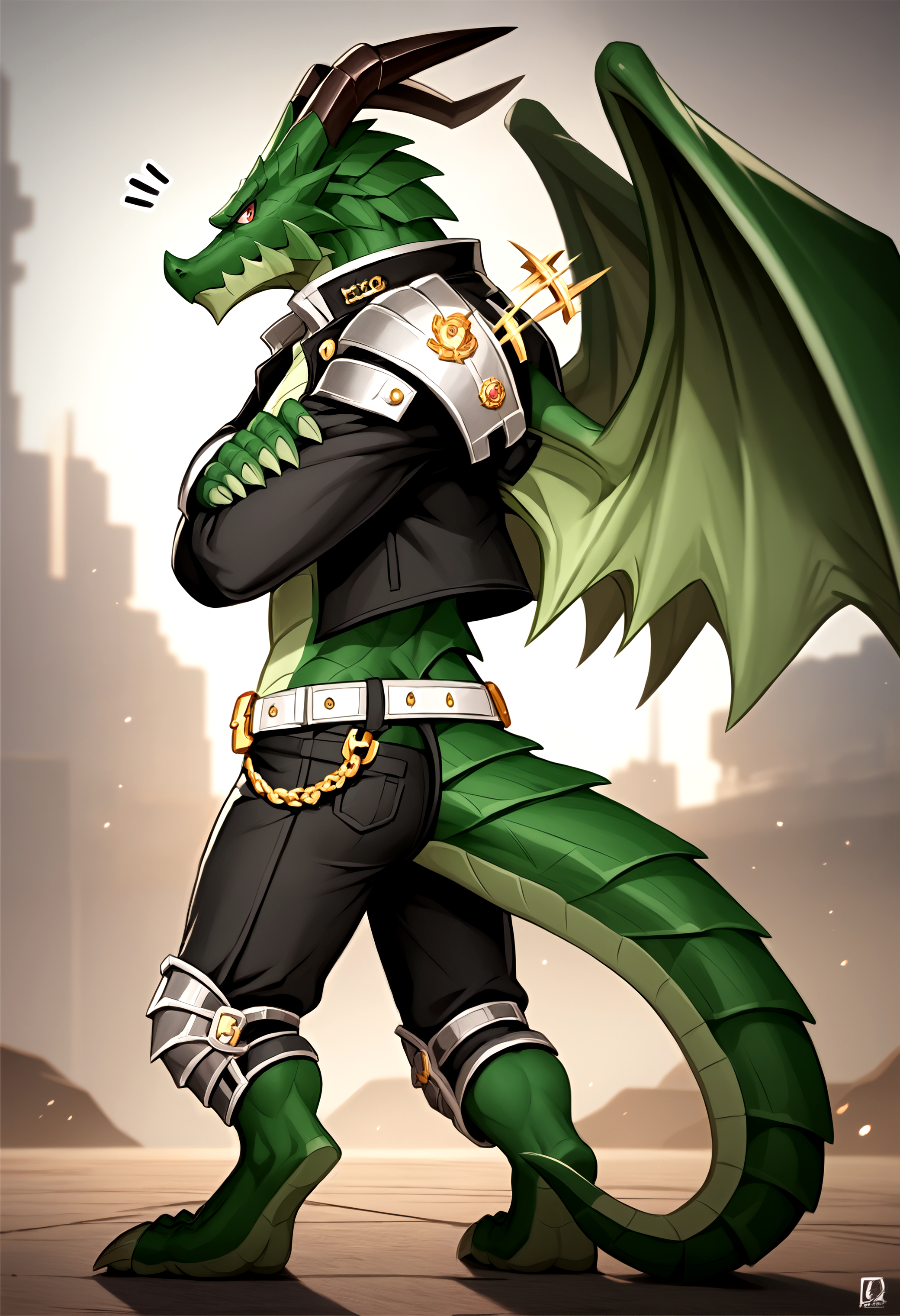 score_9, score_8_up, score_7_up, 8k, detailed design, detailed background, detailed characters, masterpiece, anthro only, furry only, solo, looking forward, dynamic pose, dynamic, professional shoot,  <lora:Ragon-000003>, Ragon, muscular male, dragon, horns, tail, armor,  belt, wings, green skin, shoulder pad, gold ring, open jacket, leg armor, black pants, red eyes, serious,  back view, looking back, notice lines, crossed arms,   battle ground, training grounds,