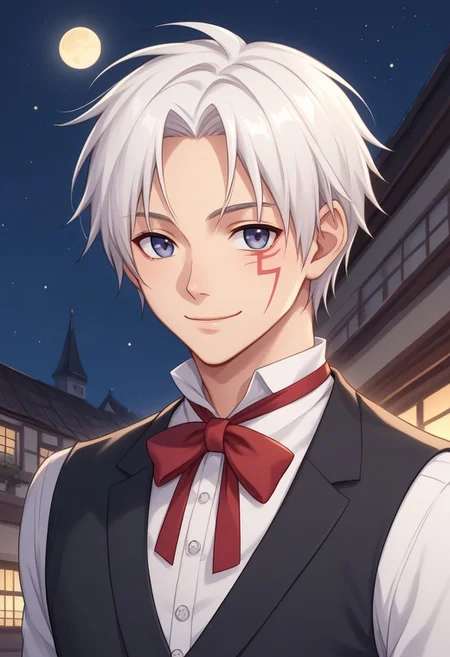 score_9, score_8_up, score_7_up, source_anime, highly detailed,
allenwalker, 1boy, male focus, solo, white hair, formal, ribbon, upper body, jacket, slender, skinny
facial mark, vest, ribbon, neck ribbon, red ribbon, shirt, white shirt, smile, closed mouth,
outdoor, buildings, night, moon,