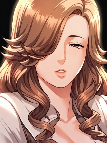 score_9, score_8_up, score_7_up,  
1girl, sagara kyouka, mature female, long hair, brown hair, large breasts, brown eyes,
black background, close-up, face, parted lips, narrowed eyes, hair over one eye, looking at viewer