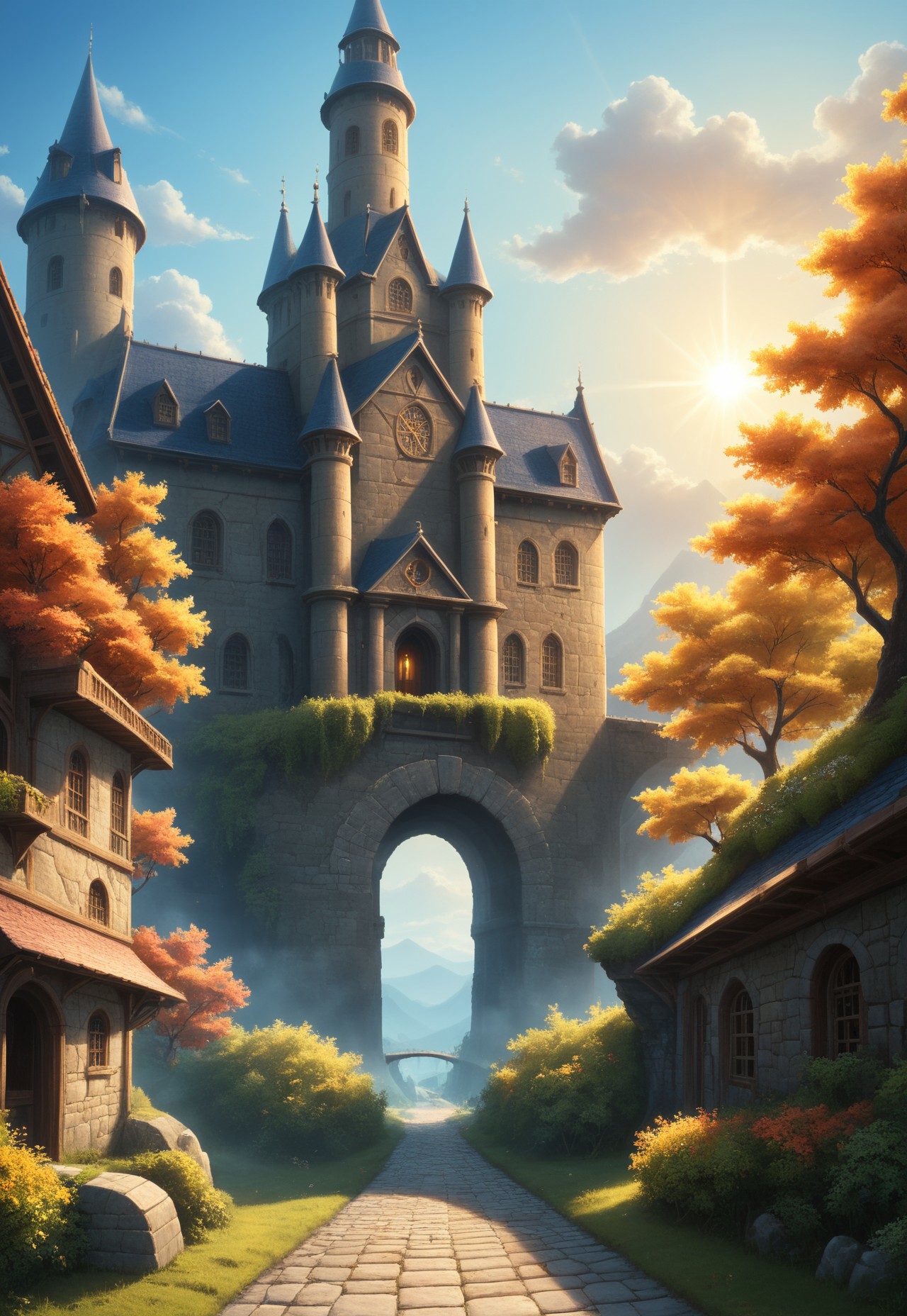 A highly detailed, fantastic digital painting in a medieval fantasy style. The scene depicts a sprawling, ancient medieval city with intricate stone architecture, set in a lush, sunlit valley. The city features tall, pointed towers, archways, and battlements, adorned with ornate carvings and intricate stonework.

The city's grand entrance is flanked by massive wooden gates, reinforced with iron and adorned with elaborate carvings. The cobblestone streets are bustling with activity, where knights in gleaming armor patrol, and merchants sell their wares in colorful market stalls.

The surrounding landscape is verdant and enchanting, with rolling hills, dense forests, and a sparkling river. Magical elements, such as glowing lanterns and mystical creatures, add to the ethereal atmosphere.

The entire scene is bathed in a warm, golden light, casting long shadows and highlighting the rich textures and vibrant colors of the environment.
<lora:add-detail-xl:1>
 <lora:Dynamic Poses:1>