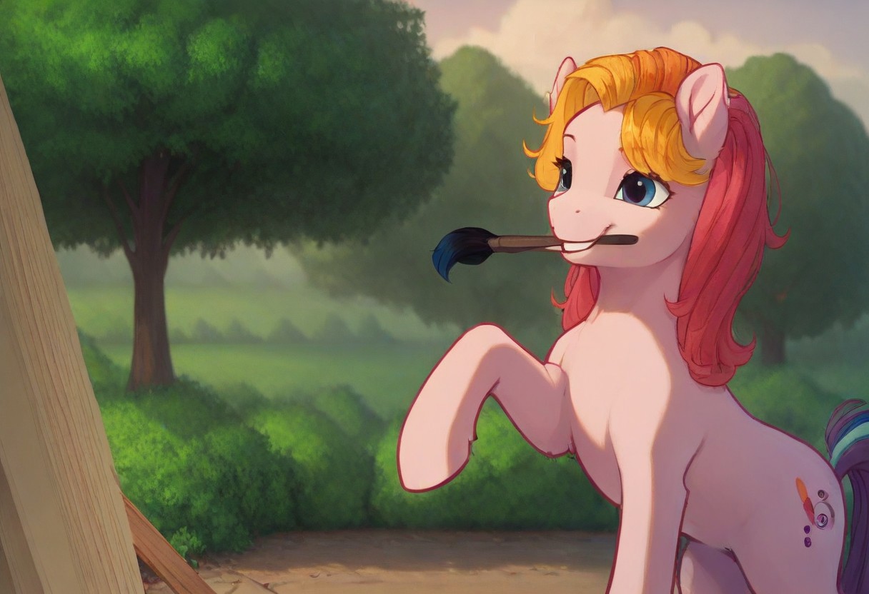 score_9, score_8_up, score_7_up, score_6_up, score_5_up, score_4_up, detailed background
outdoors, park, trees, sun, bushes
Toola-Roola mlp, feral, pony, multicolored hair, slim, smile, break
paintbrush in mouth, painting the picture