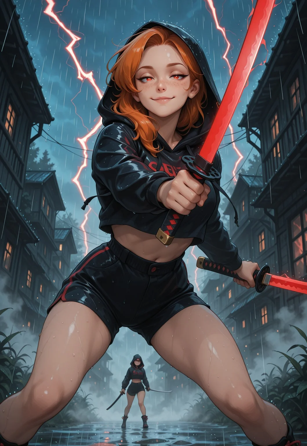 score_9, score_8_up, score_7_up, score_6_up, score_5_up, score_4_up, masterpiece, best quality, absurdres, 4k, 8k, intricate details, Chiaroscuro Lighting, cute, sexy,1girl, ginger, freckles, detailed eyes, HDeyes, perfecteyes, eyesHD, sexy eyes, bedroom eyes, expressiveH serious look, smirk, foreshortening, side view, zicovergirl, legs apart, pale white skin, hood, holding katana, seductive smile, outdoors, rain, fog, blue sky, red lightning, backlighting, neon black abstract background, light particles, glowing, dynamic pose, close-up, lazypos <lora:Zikickix_Cover_Girl:1>