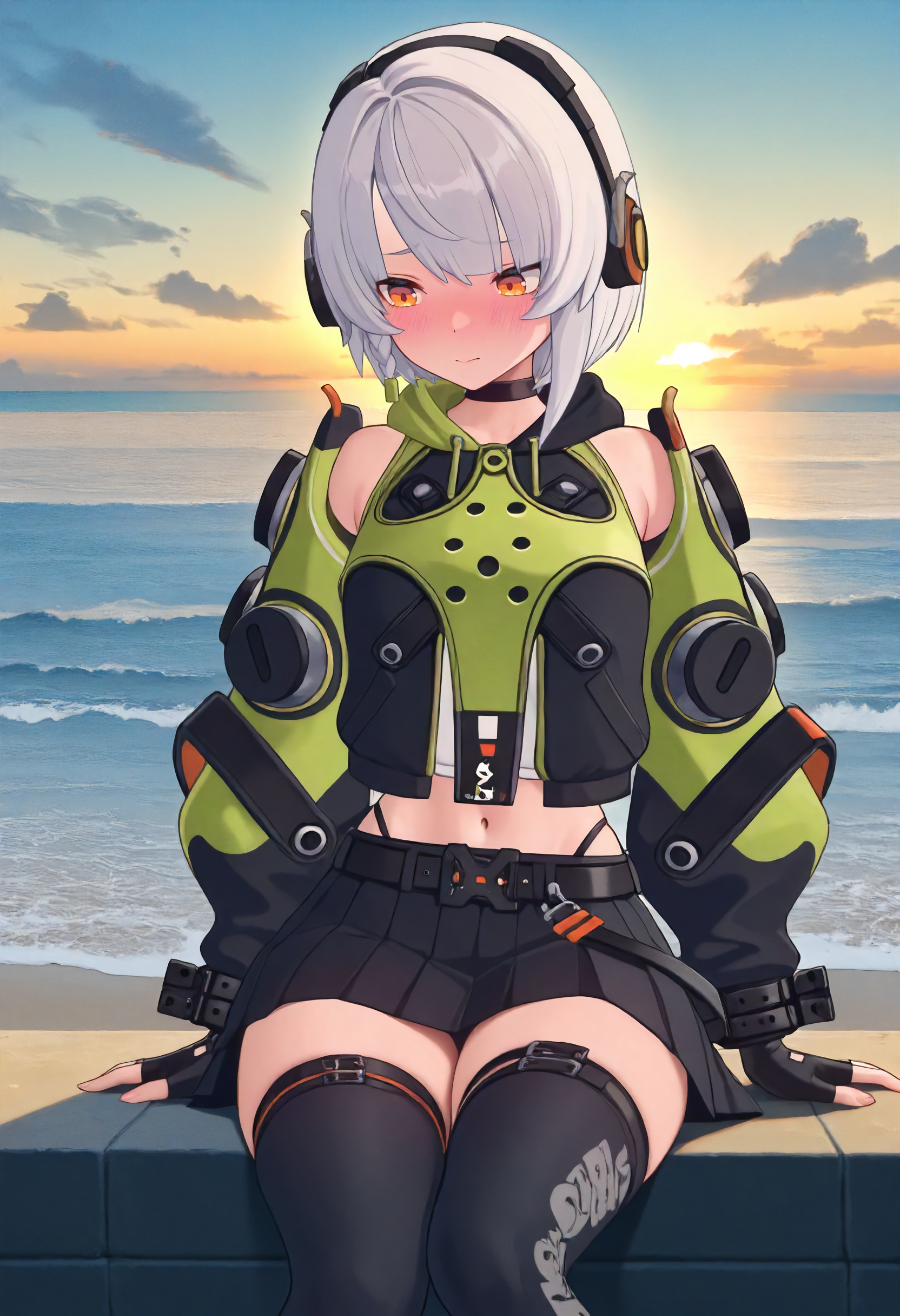masterpiece, best quality, amazing quality, very aesthetic, absurdres, newest, scenery, volumetric lighting, perfect eyes, ultra detailed,
1girl, anby demara, solo, white hair, orange eyes, orange headphones, tiny braid,
choker, black and green hood, black and green futuristic hoodie, detached sleeves, sleeve ornaments, shackles, fingerless gloves, navel, thong lines, belt, skirt strap, black skirt, thigh straps, black thigh highs,
blushing, embarrassed, looking down, looking away, sitting, 
beach, ocean, horizon, clouds, organe sky, detailed background, beautiful frame,
<lora:Anby_Soldier_-_Zenless_Zone_Zero_ZZZ_-_Illustrious:1>
masterpiece, best quality, amazing quality, very aesthetic, absurdres, newest, scenery, volumetric lighting, perfect eyes, ultra detailed,