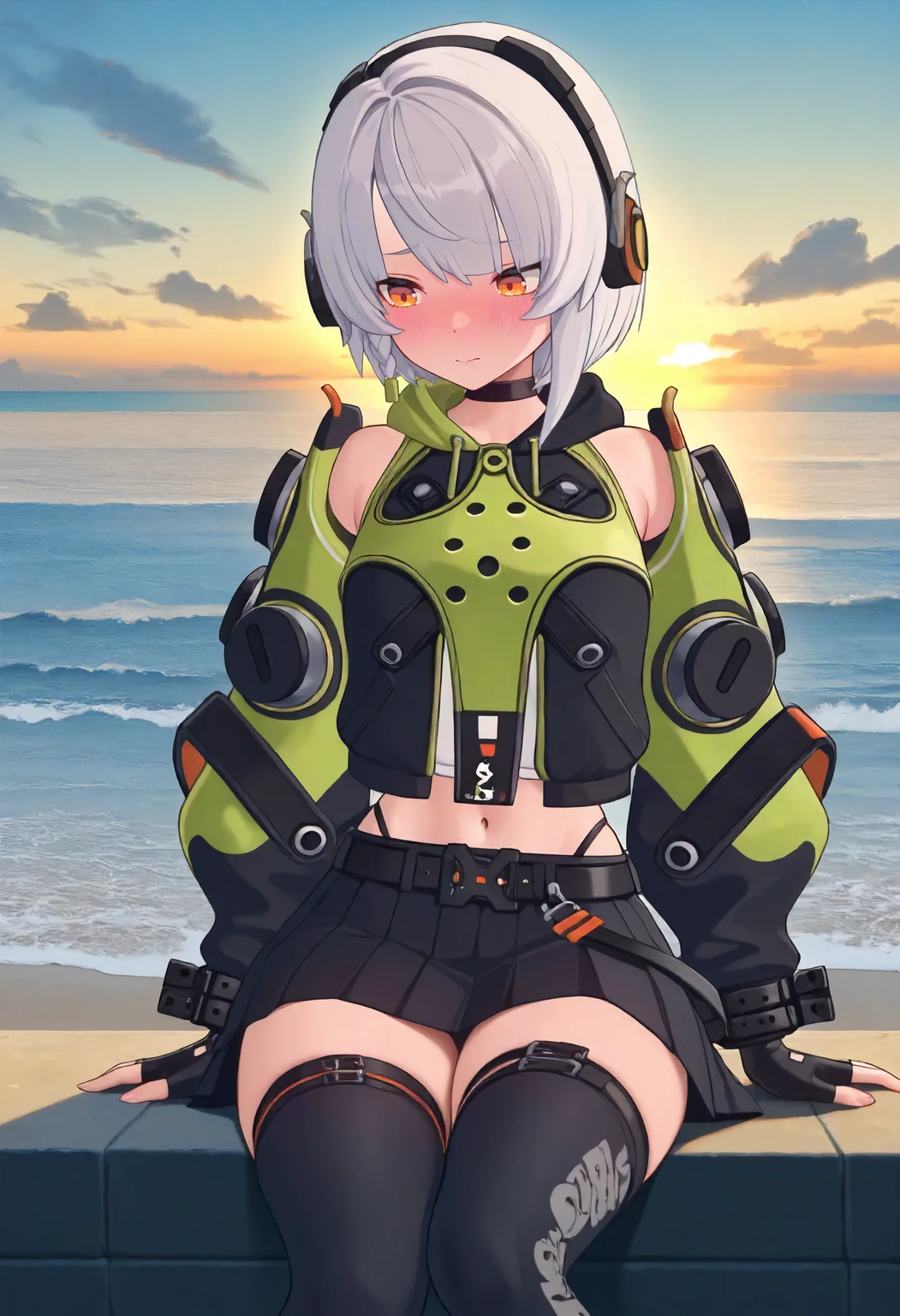 masterpiece, best quality, amazing quality, very aesthetic, absurdres, newest, scenery, volumetric lighting, perfect eyes, ultra detailed,
1girl, anby demara, solo, white hair, orange eyes, orange headphones, tiny braid,
choker, black and green hood, black and green futuristic hoodie, detached sleeves, sleeve ornaments, shackles, fingerless gloves, navel, thong lines, belt, skirt strap, black skirt, thigh straps, black thigh highs,
blushing, embarrassed, looking down, looking away, sitting,
beach, ocean, horizon, clouds, organe sky, detailed background, beautiful frame,
<lora:Anby_Soldier_-_Zenless_Zone_Zero_ZZZ_-_Illustrious:1>
masterpiece, best quality, amazing quality, very aesthetic, absurdres, newest, scenery, volumetric lighting, perfect eyes, ultra detailed,