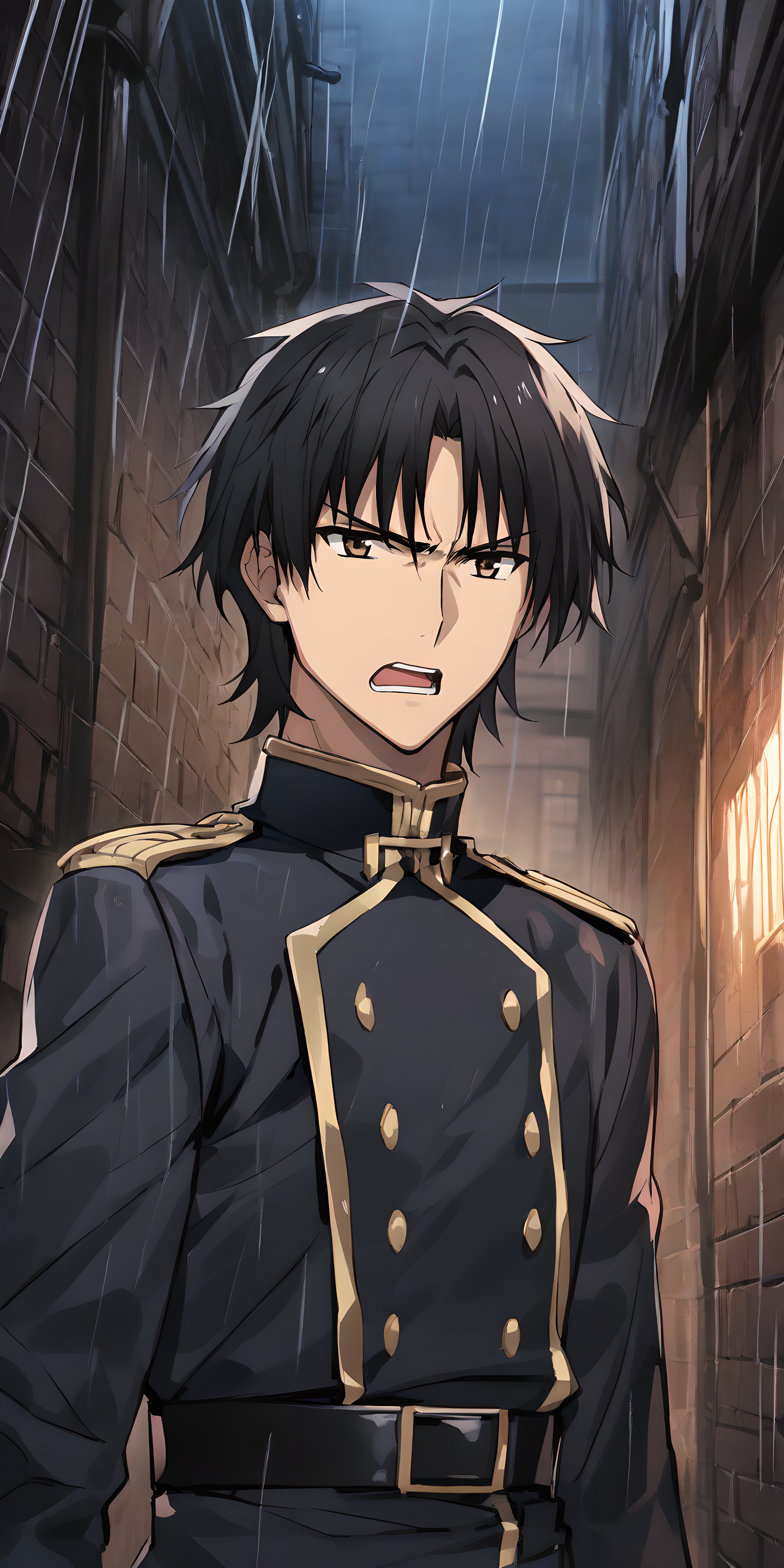 willem_kmetsch, 1boy, solo, short hair, black hair, brown eyes, military uniform, black uniform, upper body view, serious look, open mouth, angry, dark alley, raining, <lora:XL-WillemKmetsch:1>