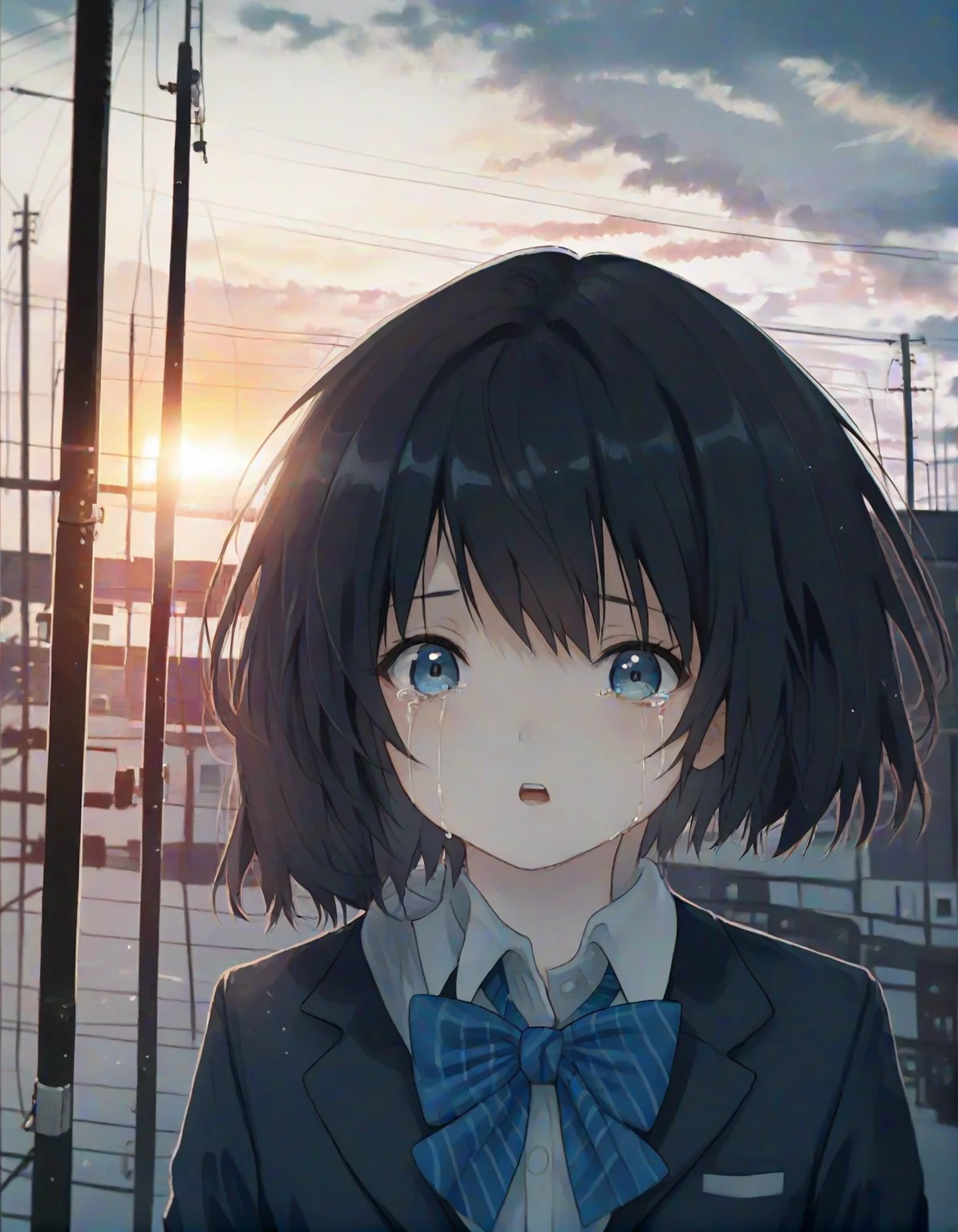 score_9, score_8_up, score_7_up, <lora:LowKeyLightsPony:0.8>LowKeyLights,
1girl,solo,looking at viewer,short hair,open mouth,bangs,blue eyes,shirt,black hair,bow,school uniform,jacket,white shirt,upper body,outdoors,sky,collared shirt,cloud,tears,bowtie,blue bow,blazer,crying,crying with eyes open,sunset,striped bow,blue bowtie,power lines,striped bowtie,utility pole