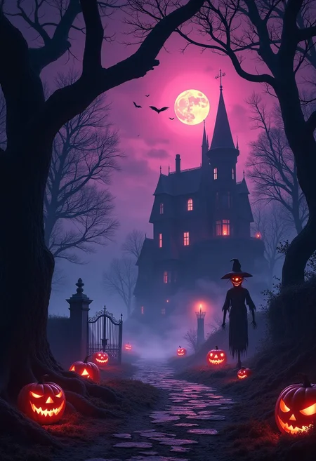 An eerie, breathtaking Halloween night scene in a haunted forest. Massive, ancient trees with twisted, gnarled branches reach toward a deep purple sky illuminated by a glowing blood moon. Thick, rolling fog carpets the forest floor, and jack-o'-lanterns with flickering, sinister grins are scattered along a winding path. The air feels thick with magic, as ghostly wisps of light drift through the trees. In the distance, a looming, decrepit haunted mansion stands on a hill, with flickering candlelight visible through cracked windows. Bats swirl around the turrets, and skeletal figures linger near the wrought-iron gate.
The lighting is cinematic, with shadows stretching long across the misty ground, casting an ethereal glow on the pumpkins. A spooky scarecrow with glowing red eyes watches from a corner of the scene, adding an ominous presence. The atmosphere should be both beautiful and haunting, with rich, vivid details, 16k resolution quality to capture the intricate textures of the mist, the old wood, and the glowing moonlight.