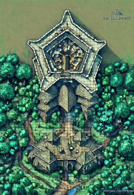 (Table:1.0),Town, exterior,Trees,create a magicalForest an the riber and castle ruins
