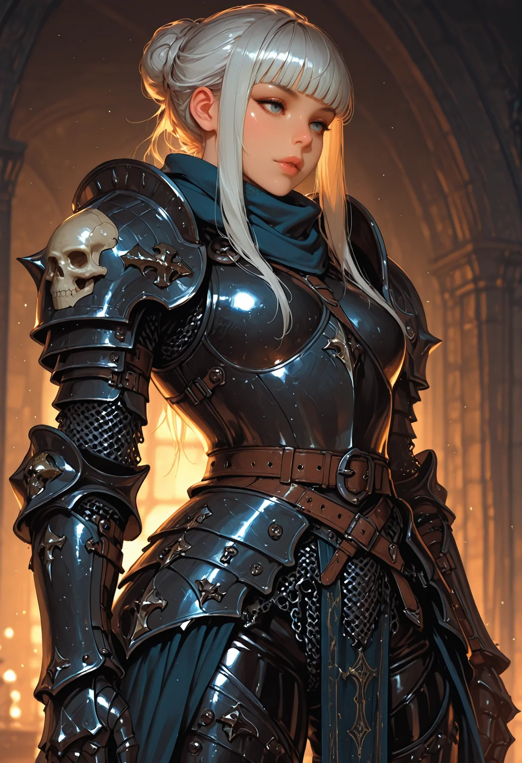 <lora:ILLMythP0rtr4itStyle:0.8> mythp0rt,
long hair, single hair bun, hair pulled back, sidelocks, long sidelocks, blunt bangs,
fantasy style, intricate armor, detailed armor, heavy armor, armor, no helmet, scarf, large pauldrons, skull pauldrons, chainmail sleeves, large gauntlets, chest armor, cuirass, thick leather belts, multiple belts, faulds, chainmail pelvic curtain, waist cape, leather pants, leg armor, 1woman, solo, beautiful, lips, shiny skin,, masterpiece, best quality, good quality, very aesthetic, absurdres, newest, 8K, depth of field, realistic, Cinematic Lighting,
<lora:MoriiMee_Gothic_Niji_Style_Illustrious_r1:0.8> artist:moriimee,, standing, medium full shot, half-body portrait, legs apart, heroic stance