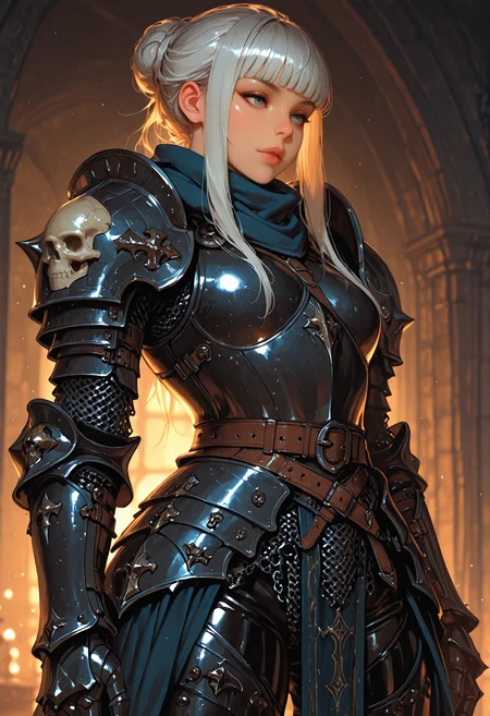 <lora:ILLMythP0rtr4itStyle:0.8> mythp0rt,
long hair, single hair bun, hair pulled back, sidelocks, long sidelocks, blunt bangs,
fantasy style, intricate armor, detailed armor, heavy armor, armor, no helmet, scarf, large pauldrons, skull pauldrons, chainmail sleeves, large gauntlets, chest armor, cuirass, thick leather belts, multiple belts, faulds, chainmail pelvic curtain, waist cape, leather pants, leg armor, 1woman, solo, beautiful, lips, shiny skin,, masterpiece, best quality, good quality, very aesthetic, absurdres, newest, 8K, depth of field, realistic, Cinematic Lighting,
<lora:MoriiMee_Gothic_Niji_Style_Illustrious_r1:0.8> artist:moriimee,, standing, medium full shot, half-body portrait, legs apart, heroic stance