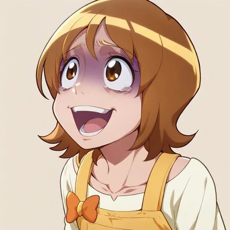 score_9, score_8_up, score_7_up, score_6_up, masterpiece, perfect quality, perfect lighting,omori yuko,brown hair,brown eyes,short hair,yellow overalls,yellow footwear,white shirt,orange bow on the right shoulder strap,smile,teeth Face focus, Shooting from front,scared, open mouth, Looking up,simple background,cute