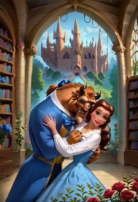 score_9, score_8_up, score_7_up, score_6_up, Belle, blue dress, white shirt, white long sleeves, long hair, ponytail, bow, 1girl, small breasts, stiff breasts, hourglass figure, lustful gaze, looking at the viewer, square neckline, background of large library, inside a castle, standing in the center of the castle library, hugging TheBeast, abandoned castle, castle covered in dust, face turned towards TheBeast, Thebeast dressed as a prince, holding flowers, holding a large dark red rose,