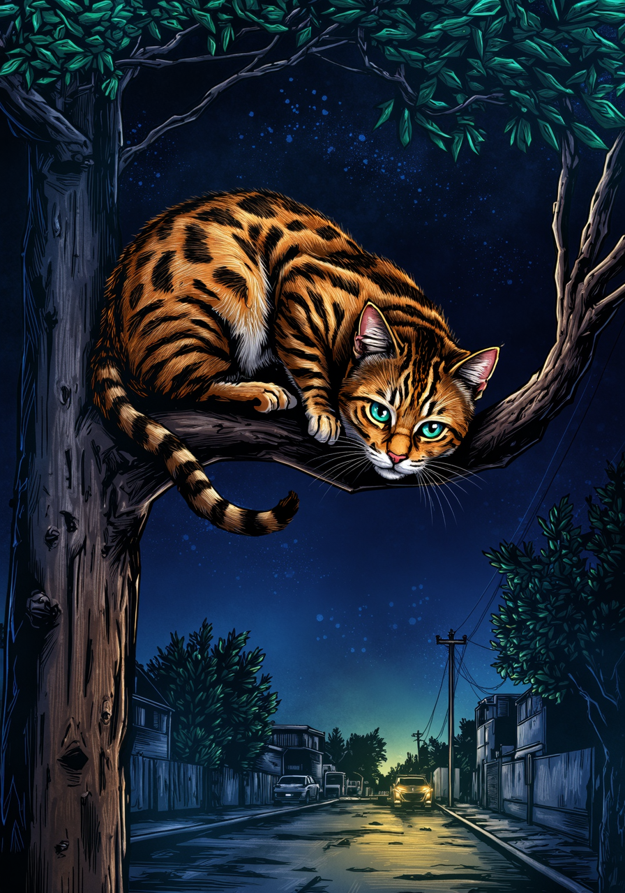 BPRE art of a tabby cat on a branch of a tree, a street at night background<lora:BPRE-000013.safetensors:1.0:1.0>
