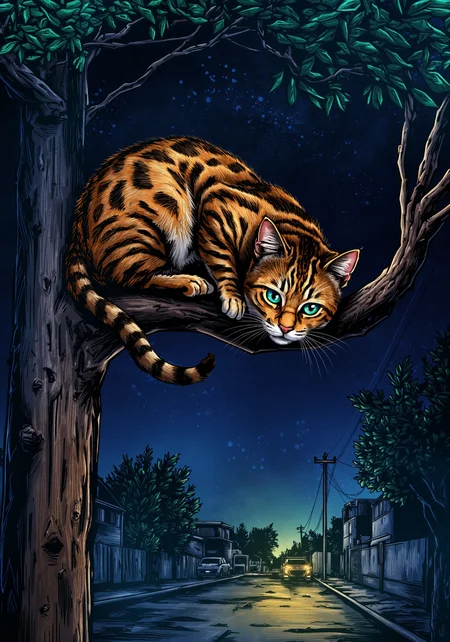 BPRE art of a tabby cat on a branch of a tree, a street at night background<lora:BPRE-000013.safetensors:1.0:1.0>