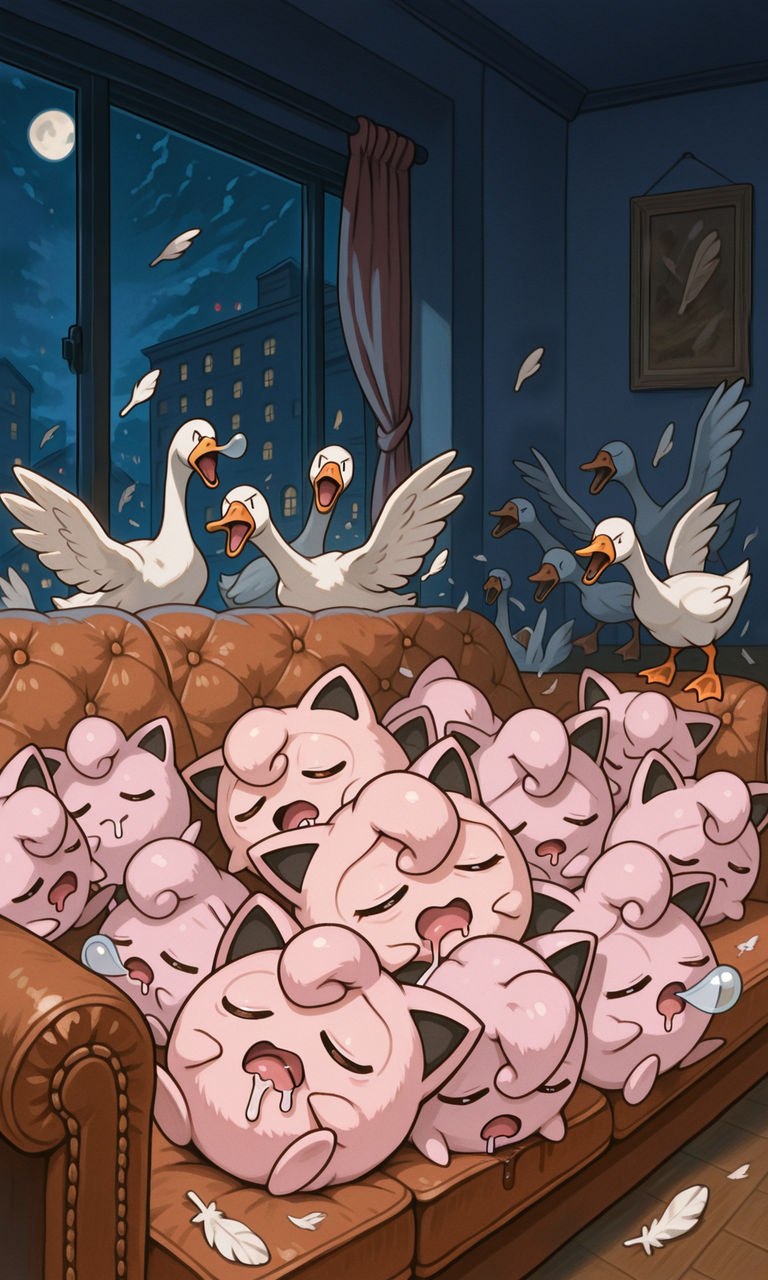 embedding:IllusP0s, goose ambush, 6+ geese, nose bubble, sleeping, drooling, jigglypuff_\(pokemon\), no humans, indoors, night, couch, feathers, too many,<lora:goose ambush_illustrious.safetensors:1.0:1.0> <lora:nose_bubble_ill.safetensors:1:1>