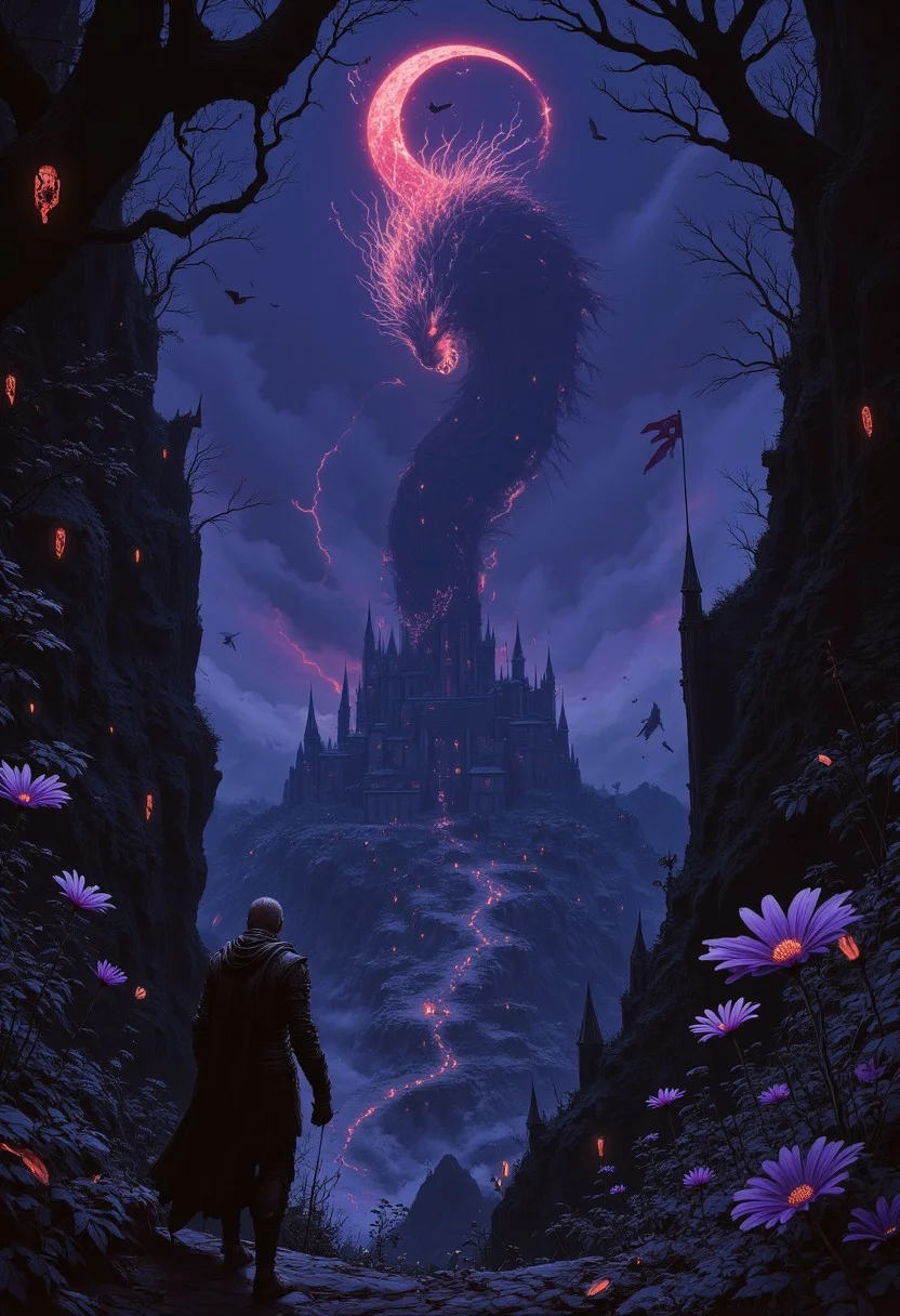 "Dark fantasy digital illustration: A lone warrior trudges along a decaying path through a twisted forest. Above, a blood-red crescent moon births a spectral dragon made of tattered moonlight and shadow, its ethereal form coiling around a crumbling fortress perched on death-black cliffs. Toxic purple berries gleam on dying trees while withered daisies cling to rotting underbrush. Phantom creatures circle the night sky as tattered flags hang limp from decrepit towers. The scene drowns in midnight blues, corrupted purples, and crimson-stained blacks, radiating an atmosphere of profound despair and lost hope."