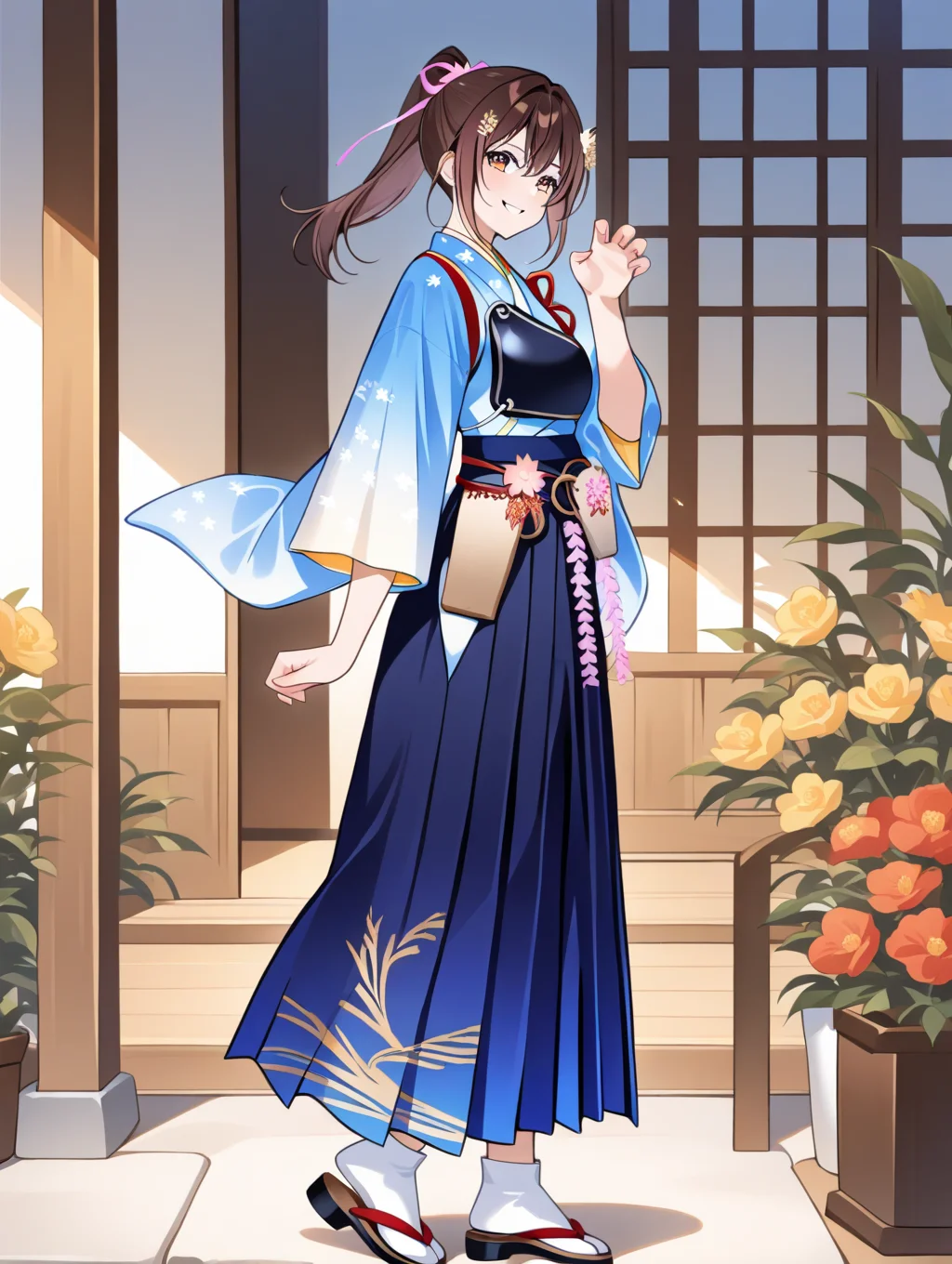 perfect quality,best quality,absolutely eye-catching,ambient occlusion,raytracing BREAK
1girl,<lora:houkyuu IL v1.1:0.8>,houkyuu,brown hair,ponytail,hair ornament,blue japanese clothes,blue print hakama,wide sleeves,muneate,flower,wide sleeves,solo,zouri,tabi,from side,claw_pose,