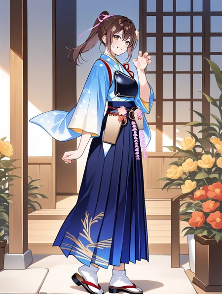 perfect quality,best quality,absolutely eye-catching,ambient occlusion,raytracing BREAK
1girl,<lora:houkyuu IL v1.1:0.8>,houkyuu,brown hair,ponytail,hair ornament,blue japanese clothes,blue print hakama,wide sleeves,muneate,flower,wide sleeves,solo,zouri,tabi,from side,claw_pose,
