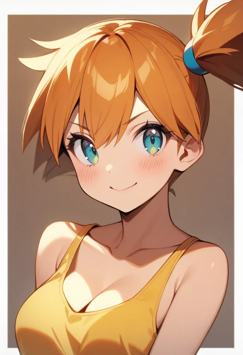 masterpiece,best quality,very aesthetic,absurdres,<lora:misty_(pokemon):1>,smile, blush, upper_body, commentary_request, eyelashes, collarbone, white_border, side_ponytail, 1girl, solo, two-tone_background, cleavage, hair_tie, yellow_camisole, :p, misty_\(pokemon\)