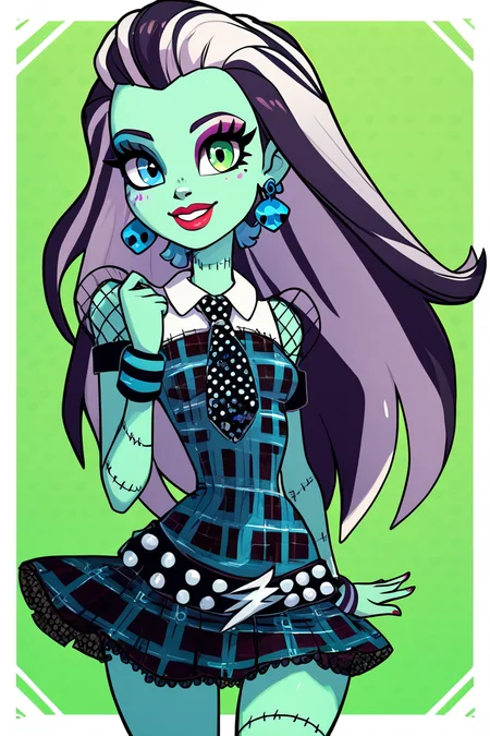 score_9, score_8_up, score_8, medium breasts, (curvy), cute, eyelashes, BREAK, , zzFrankie, heterochromia, blue eyes, green eyes, multicolored hair, aqua skin, streaked hair, black hair, white hair, long hair, stitches, jewelry, earrings, makeup, lipstick, plaid dress, skirt, bracelet, <lora:Frankie_MH_PDXL:1.0>, , BREAK, wide hips, smile, looking at viewer, cowboy shot, ,,, embedding:zPDXL, Expressiveh, ,,, <lora:SweetCAT_PDXL:1.0>, <lora:SDXLFaeTastic2400:0.5>, <lora:Expressive_H-000001:0.4>,