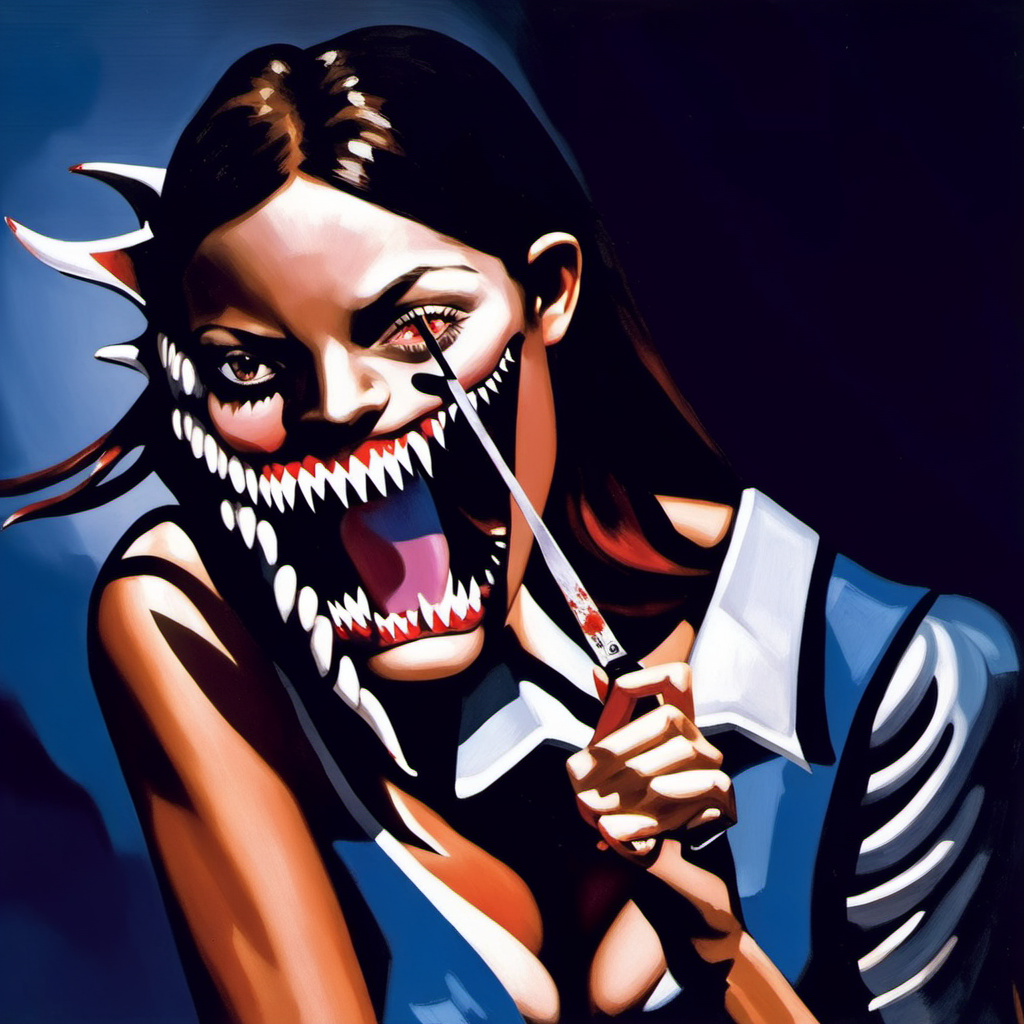 painting of a woman with sharp teeth, George Condo Style, horror(theme),  <lora:MBTDF xl:0.9>