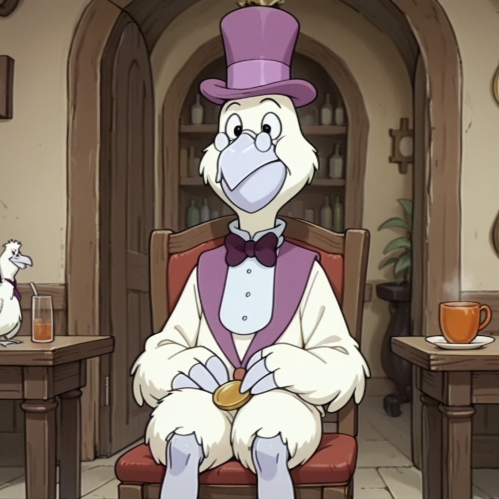 masterpiece, best quality, amazing quality, MayorPelicanbbil, semi-anthro, male, Pelican, bird, white feathers, black eyes, winged arms, purple top hat, gold medal, white dickie, purple bow tie, round glasses, sitting, inside, drinking tea