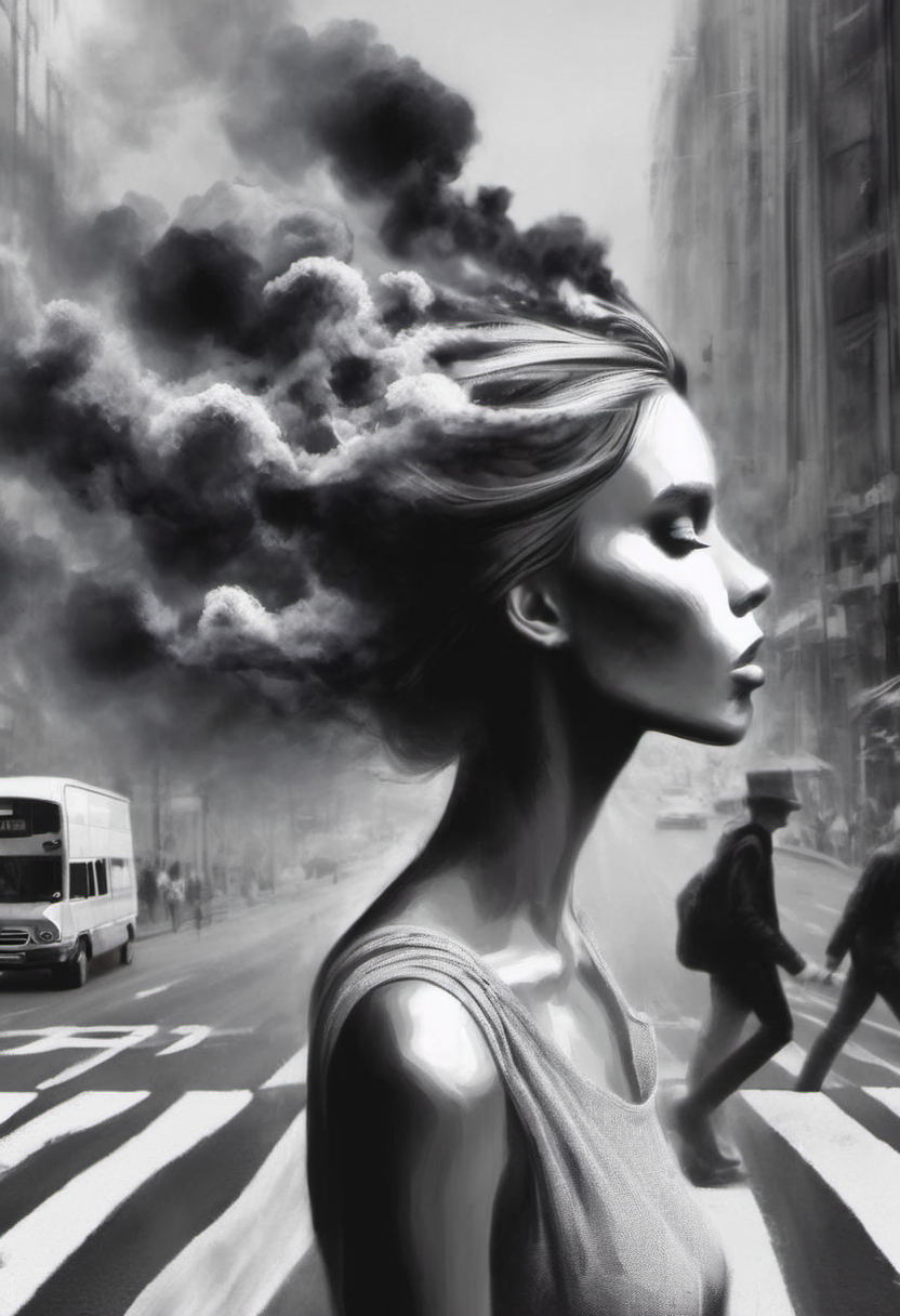 Fantasy artwork. Profile of a woman walking across the street at zebra crossing.  Black Smoke coming out of her head.