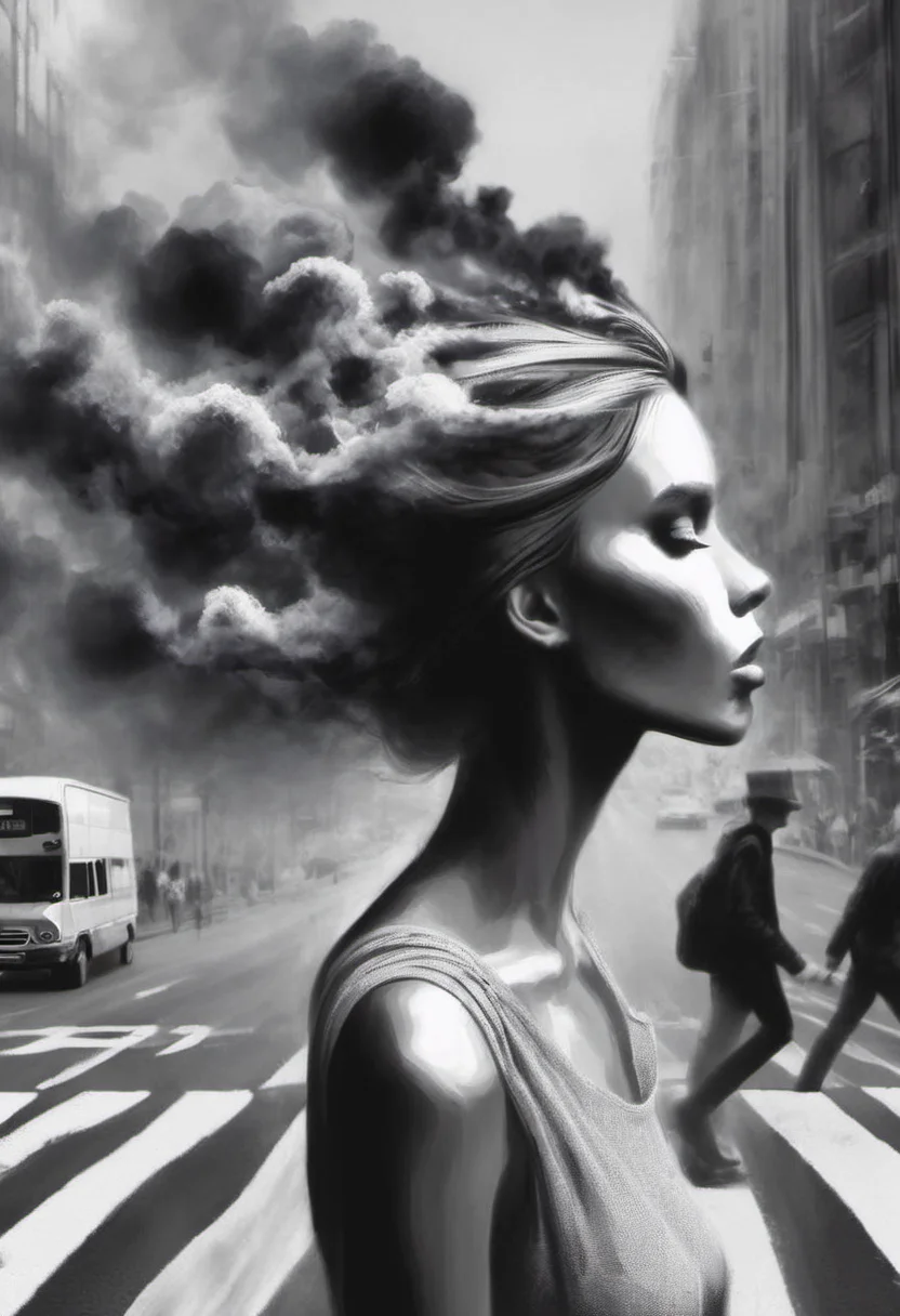 Fantasy artwork. Profile of a woman walking across the street at zebra crossing. Black Smoke coming out of her head.