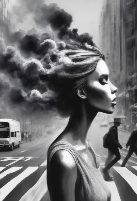 Fantasy artwork. Profile of a woman walking across the street at zebra crossing. Black Smoke coming out of her head.