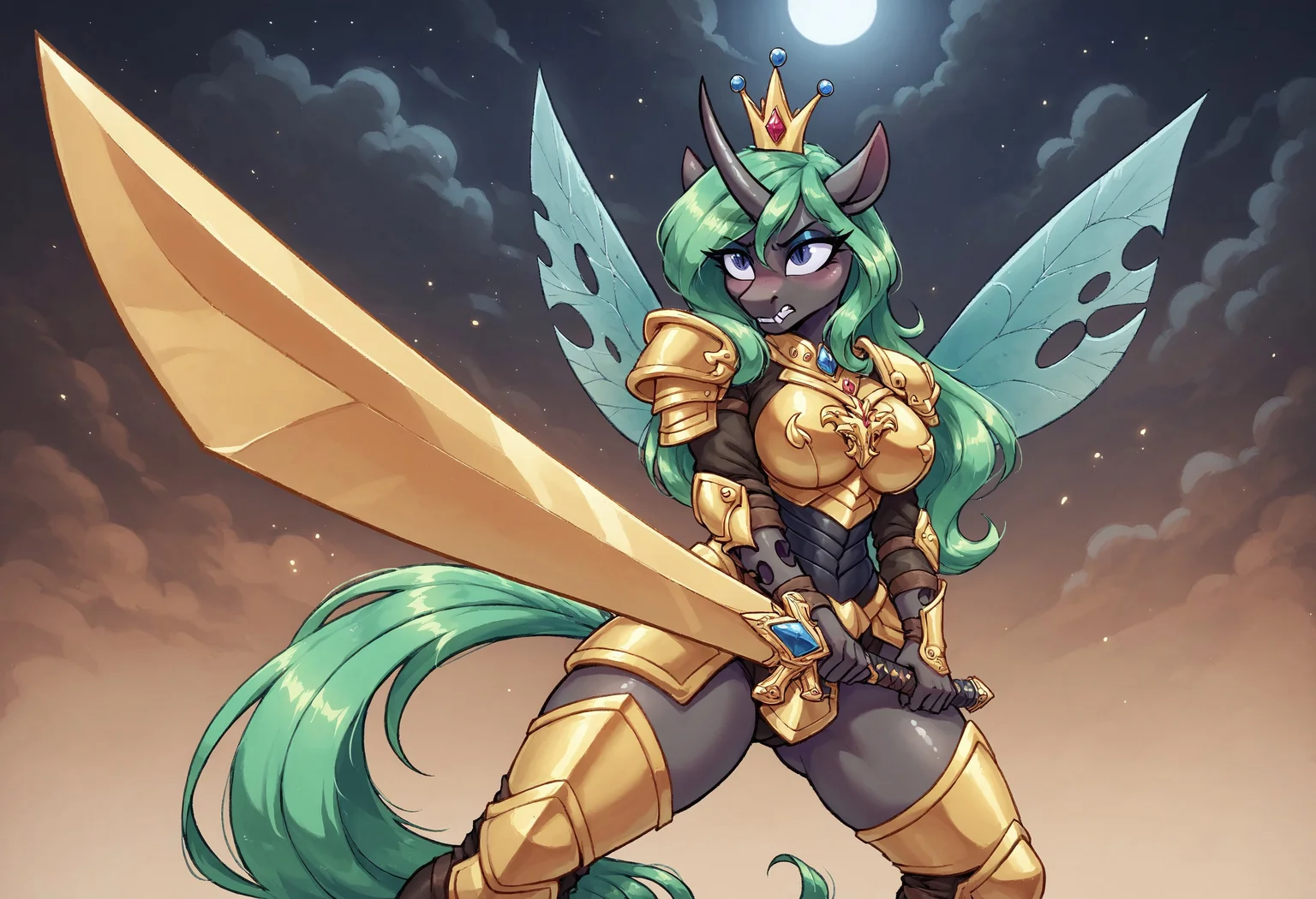 masterpiece, score_9_up, score_8_up, score_7_up, score_6_up, source_pony, (best quality:1.1), ultra-detailed, high resolution, highly detailed macro illustration, solo BREAK 1girl, changeling queen oc, mlp, anthro, black skin, shiny skin, long mint-green mane, (beautiful dark blue eyes), long eyelashes, single horn, ears, green insect wings, (predatory expression, evil face:1.2), frown BREAK (sunrise stance), (holding wepon:1.4), (sword:1.4) BREAK Huge Breast, busty, thick thighs, (gold royal armor:1.3), crown BREAK (night) BREAK sharp focus, perfect lighting, anatomically correct, extremely detailed, high detail, detailed background, OverallDetail, zPDXL3