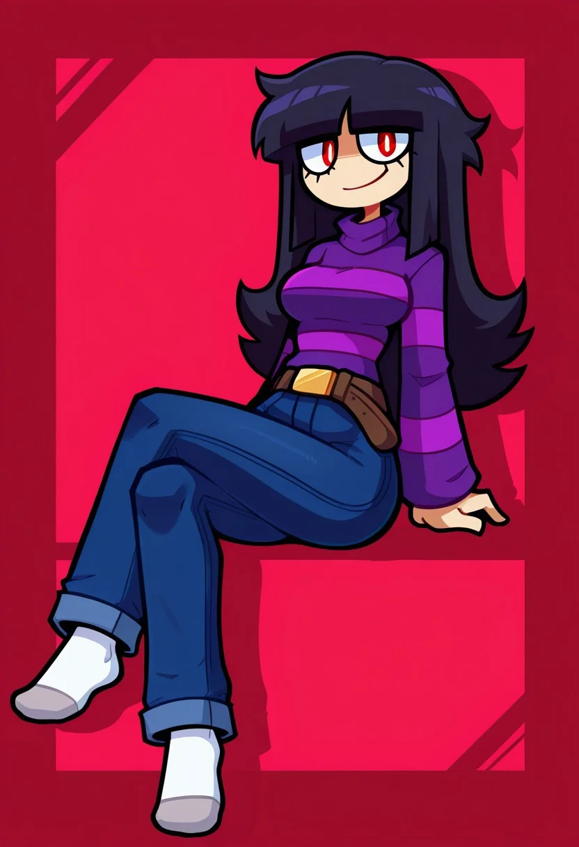 masterpiece, best quality, highres, nekuzx, BREAK, 1girl, solo, sarah henderson, red eyes, white pupils, black hair, long hair, blunt bangs, medium breasts, purple striped sweater, belt, jeans, socks, looking at viewer, smile, sitting, leaning back, crossed legs, full body, abstract background