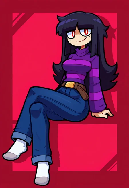 masterpiece, best quality, highres, nekuzx, BREAK, 1girl, solo, sarah henderson, red eyes, white pupils, black hair, long hair, blunt bangs, medium breasts, purple striped sweater, belt, jeans, socks, looking at viewer, smile, sitting, leaning back, crossed legs, full body, abstract background